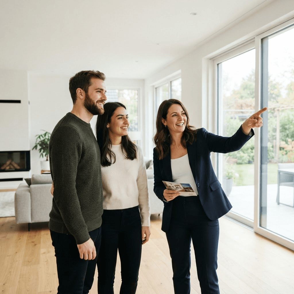 Real estate agent showing clients around a luxury house